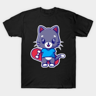 Cute Skateboarding Cat holding a skateboard graphic design T-Shirt